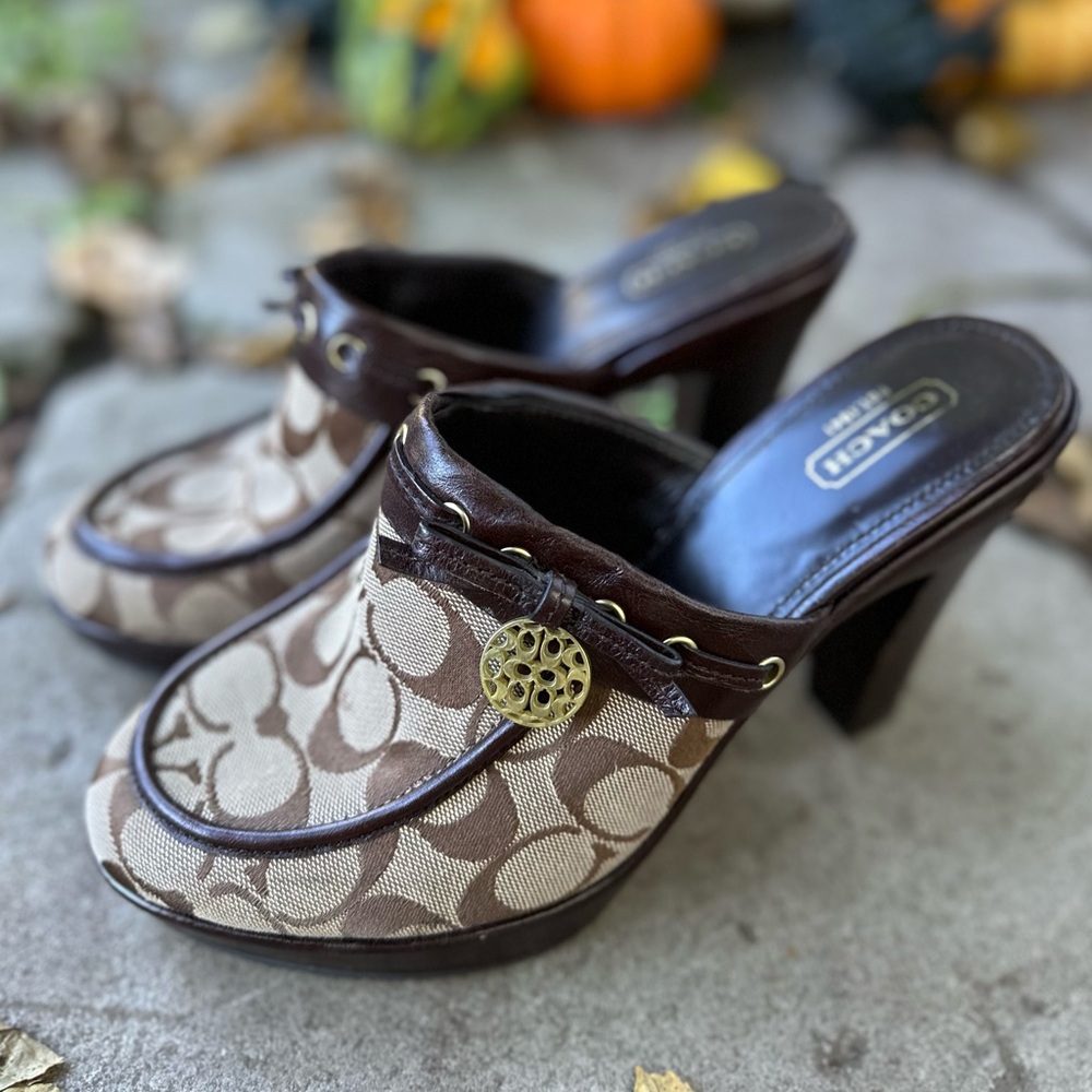 Coach “Jodey” Signature Brown Logo Print Mules
